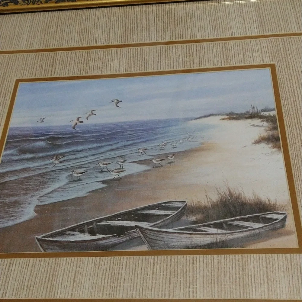 Vintage Elegant Coastal Framed Art with Blue and Gold Accents